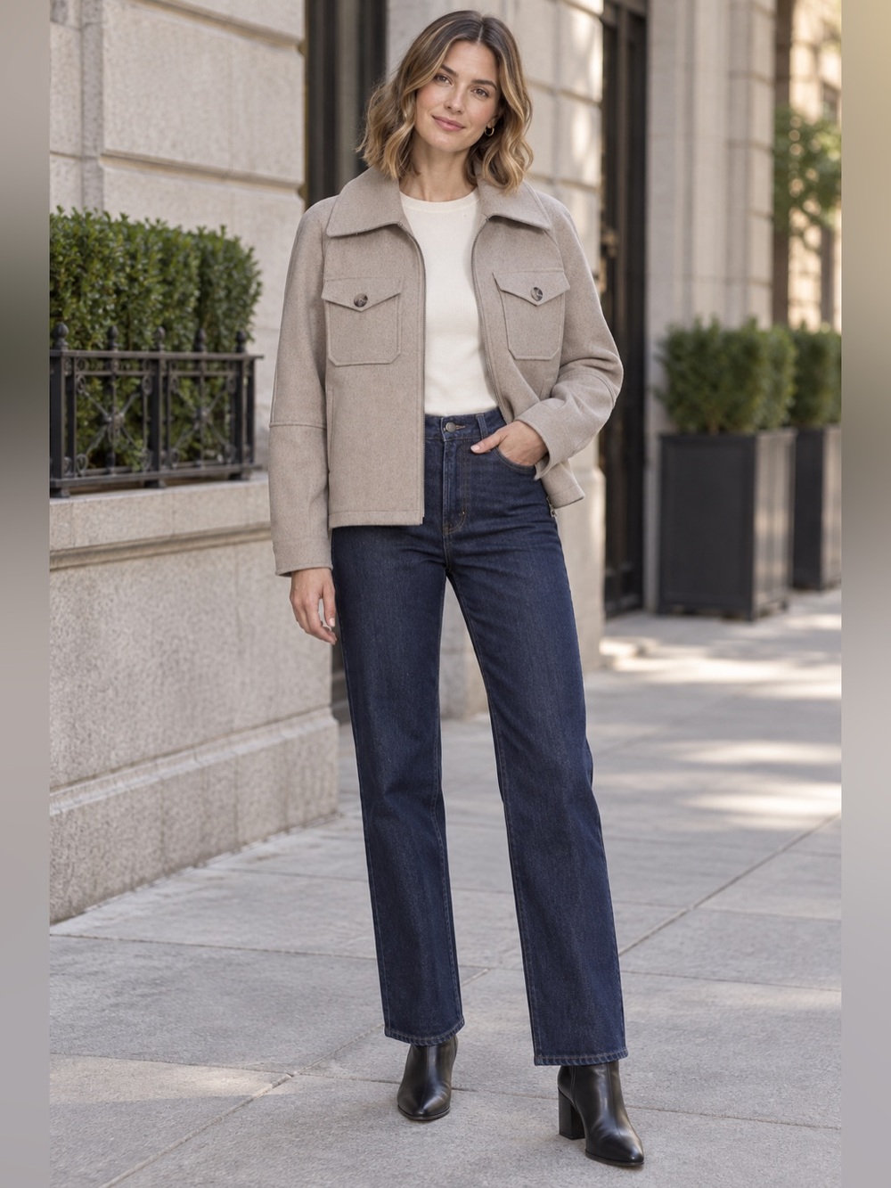 Avec Les Filles Felted Zip Shacket in Oatmeal.